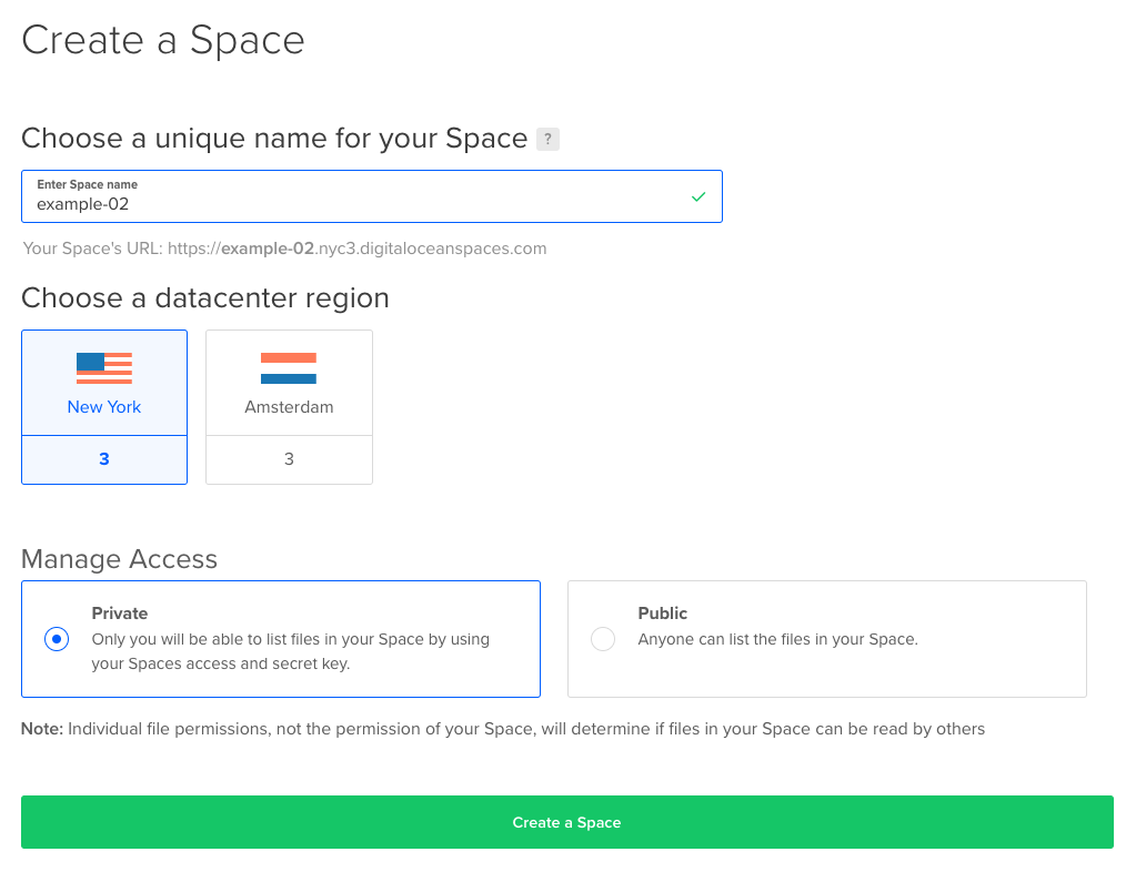 Interface for creating a new Space, with name, region, and privacy options